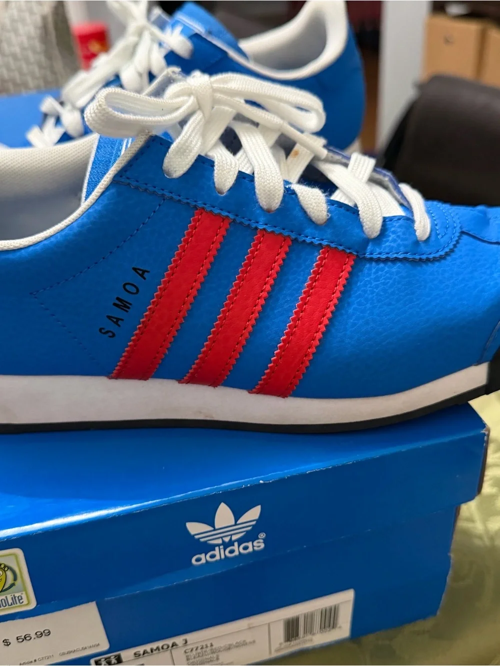 Big Kids Adidas Samoa Blue Sneakers with Red Stripes